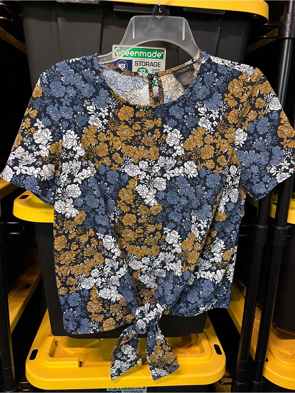 Ann Taylor Navy Floral Tie-Front Blouse with Mustard and White Flowers